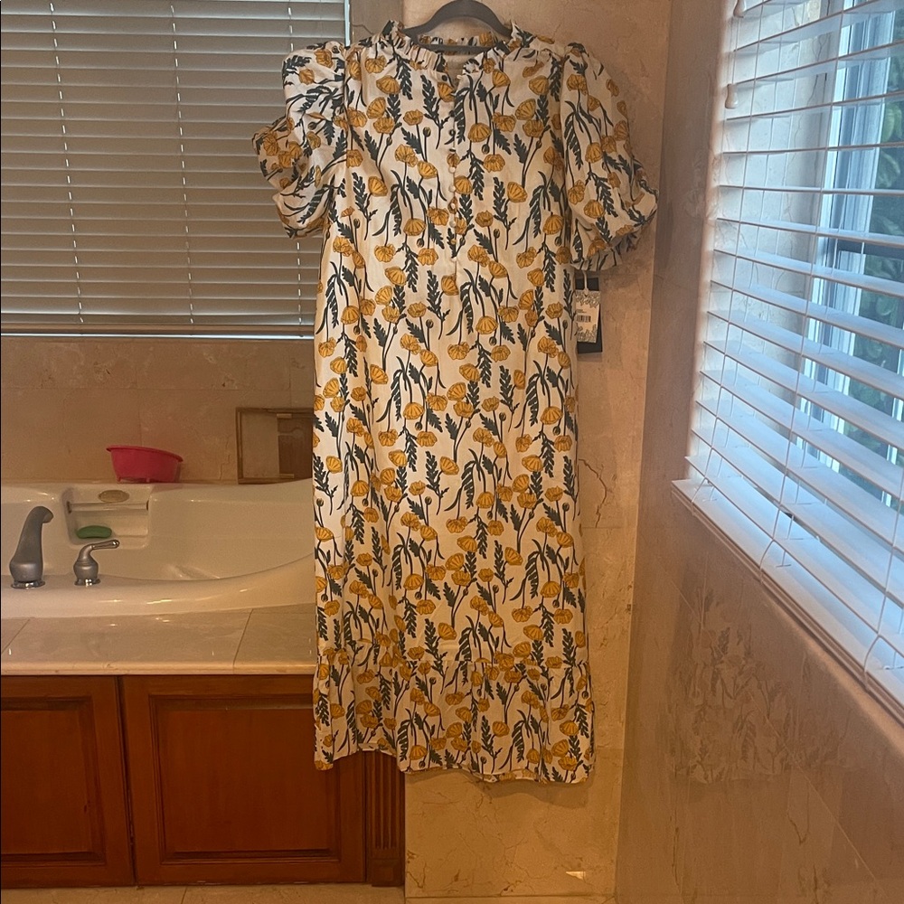 Tuckernuck White Midi Dress with Yellow Floral Motif